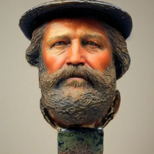 Prompt: hyper realistic closeup bust of a new england fisherman, the dude, painted, colorized, bossons vintage chalkware, by emile renouf