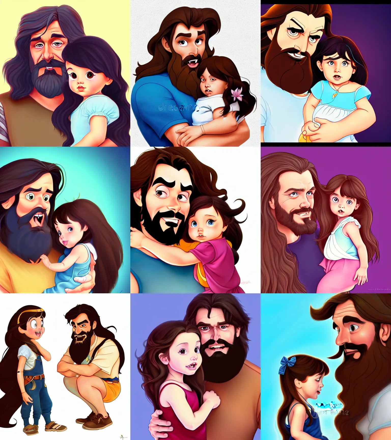 Image similar to a long - haired bearded father and his brunette child toddler girl full color digital illustration in the style of don bluth, artgerm, artstation trending, 4 k