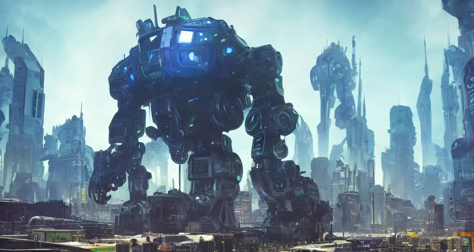 Image similar to a photo of an enormous mech towering over a crowd of astronauts in a futuristic city in the background, ultra realistic, hyper - detailed, unreal engine, raytraced lighting, colorful accents