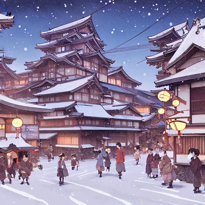 Image similar to japanese rural town, winter, in the style of studio ghibli, j. c. leyendecker, greg rutkowski, artem