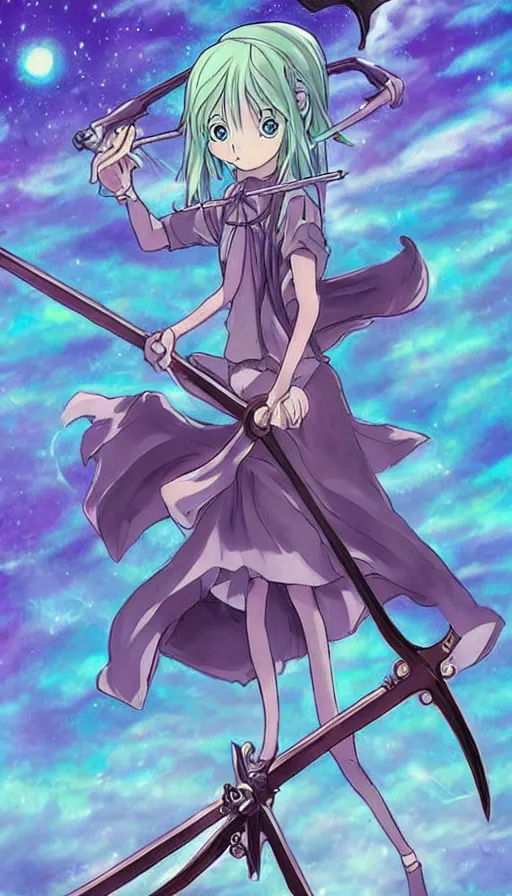 Image similar to a beautiful link drawing of the being death as a cute anime girl with a giant scythe from a studio ghibli film inspired by the death tarot card, dark vibes, pastel colors, cosmic,