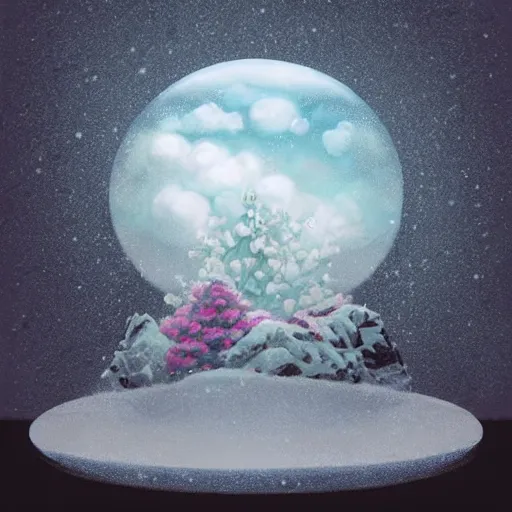 Prompt: spring weather inside a snowglobe. Beautiful colorful clouds in moody greys and blues. High quality digital art, trending on artstation