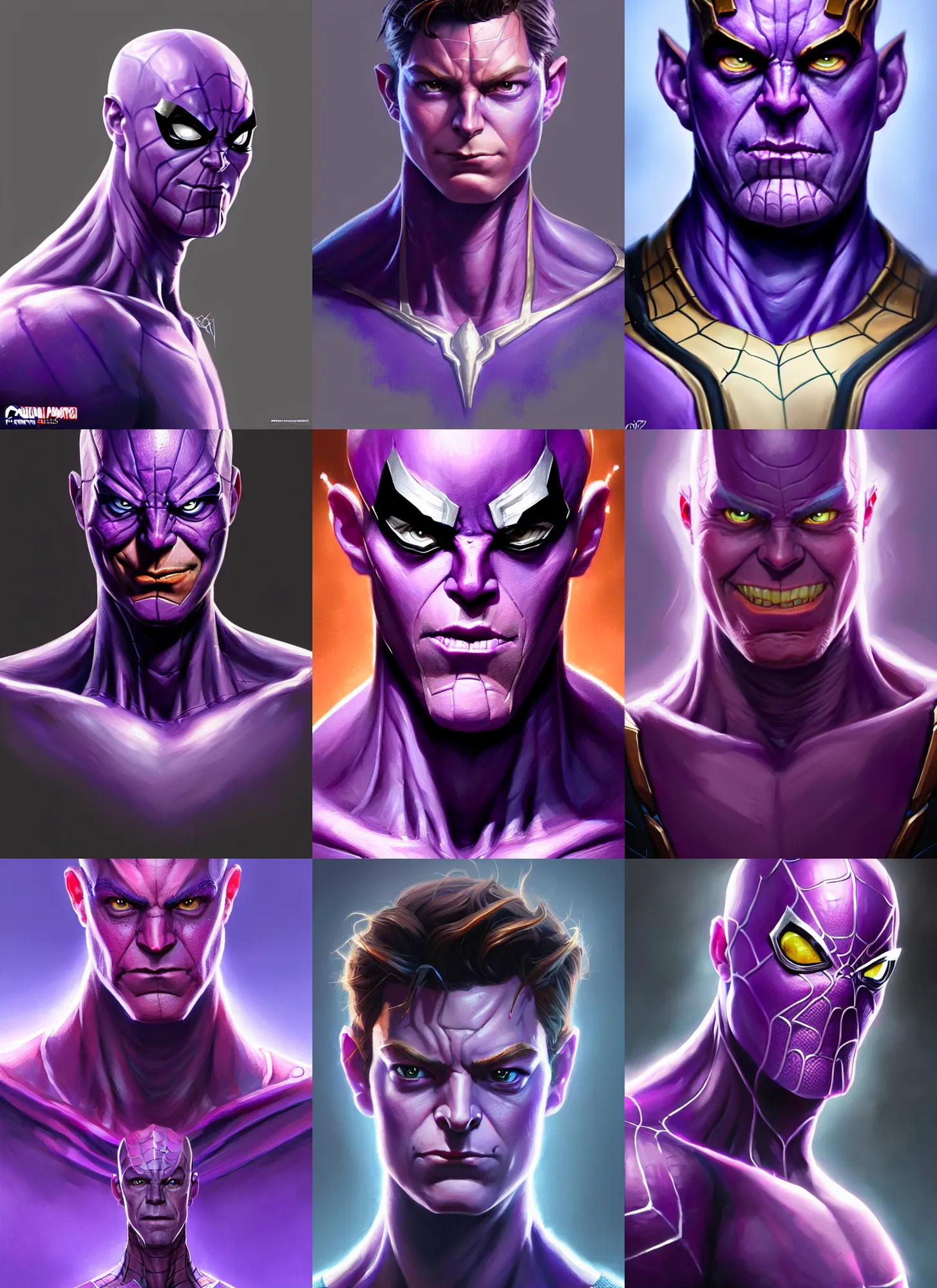 Prompt: a fantasy style portrait painting a character if peter parker ( spider man ) and thanos had a son, purple skin, powerful chin, thanos style traits, painting, unreal 5, daz., rpg, portrait, extremely detailed, artgerm greg rutkowski _ greg