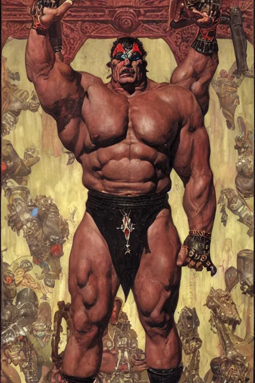 Image similar to full body portrait of huge hulking rich piana as demonic emperor, simple background, painted by jack kirby, lawrence alma tadema, norman rockwell, greg staples, wayne barlow, jacob collins, neville page