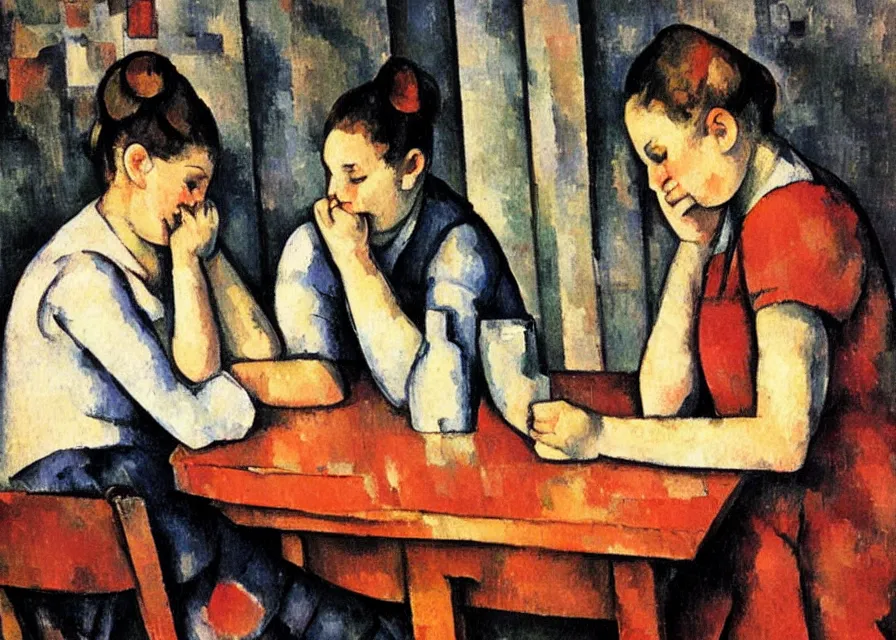 Image similar to in the style of paul cezanne. jouers des cartes. two beautiful girls with modern clothing sitting at a wooden table in a bar looking at their phones. there is a bright red lamp hangig above the table. milkshakes. dim light. a flatscreen tv in background.