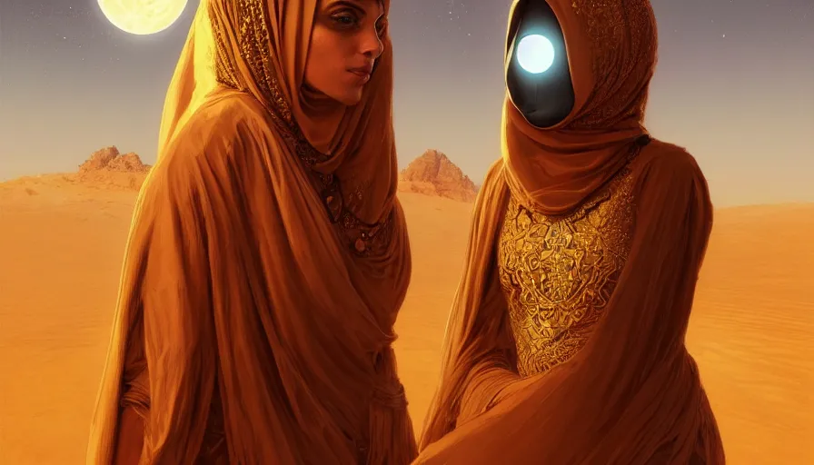 Image similar to Portrait of very very very very very very beautiful Arab woman wearing a burqa, glowing gold eyes, under giant full moon in the desert, intricate, elegant, highly detailed, digital painting, artstation, concept art, smooth, sharp focus, illustration, greg rutkowski, artgerm, alphonse mucha, masterpiece