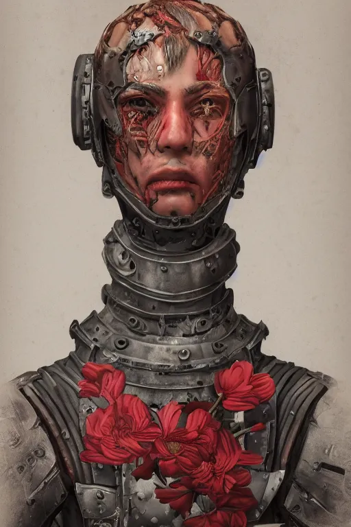 Image similar to portrait of beautiful young man, warhammer, japaneese style, more cyber armor, a lot of more scars, more and more flowers, red head, the middle ages, highly detailed, artstation, illustration, art by rene magritte, 8 k quality