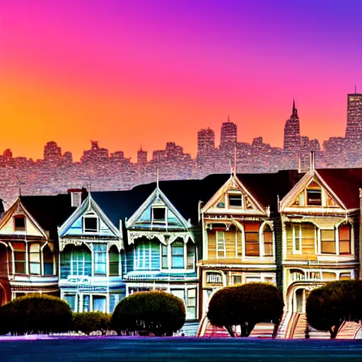 Prompt: a photograph of the painted ladies in san francisco at sunset with bokeh effect