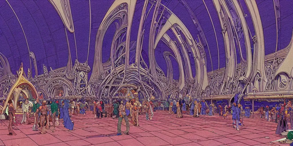 Prompt: cel shaded cinematic shot of the interior of a sci-fi space station with ornate Elven architecture bustling with people, epic castle, emerald, crystalline, detailed illustration, sharp focus, crisp lines, art by Moebius!!!, Jean Giraud Moebius!!! comic illustration