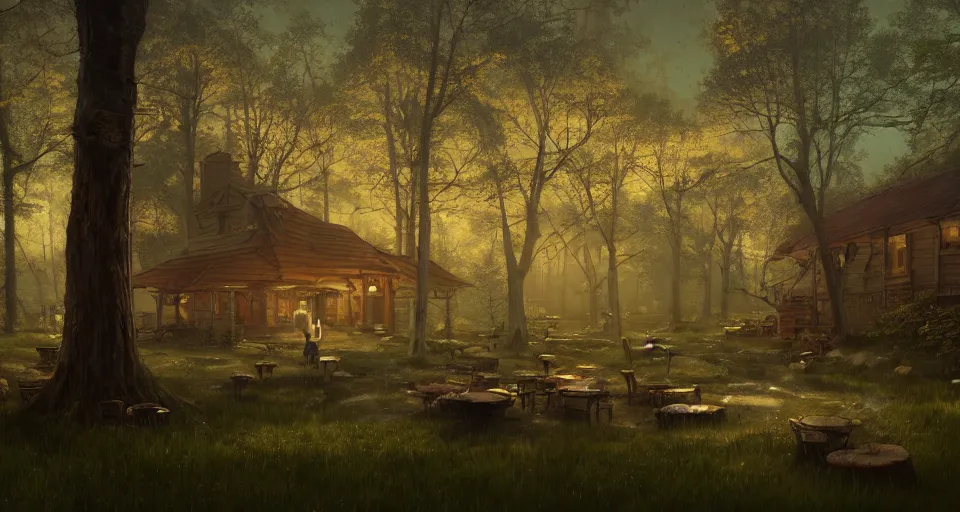 Prompt: A landscape with a quiet tavern in the middle of a forgotten magical forest, large trees, mushrooms, warm lighting, inviting, enchanting, rendered by simon stålenhag, rendered by Beeple, Makoto Shinkai, syd meade, environment concept, digital art, unreal engine, 3 point perspective, WLOP, trending on artstation, low level, 4K UHD image, octane render,