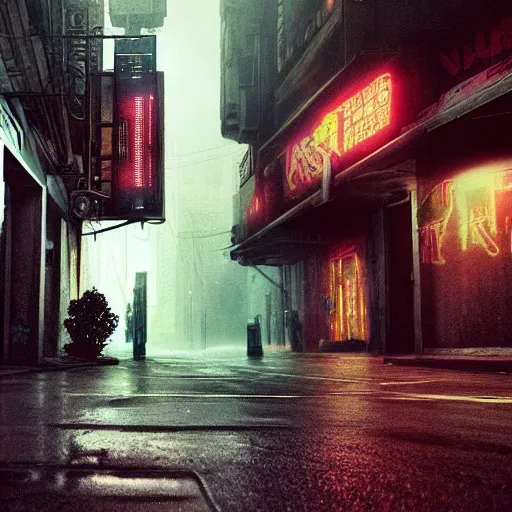Prompt: grainy atmospheric cyberpunk streets