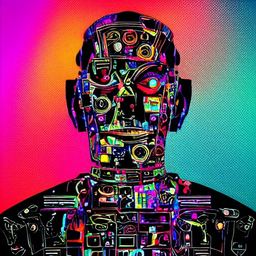 Image similar to photo of a black tshirt with a hyperdetailed portrait of a trippy robot, half robot, half human, 8 k, symetrical, flourescent colors, happy mood, multicolored,