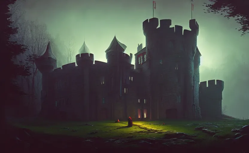 Prompt: an old english castle with moody and cinematic lighting by simon stalenhag and illya repin, cinematic and atmospheric, concept art, artstation, trending on artstation