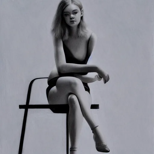 Image similar to Elle Fanning sitting on a white leather chair, head and shoulders portrait, stormy weather, extremely detailed masterpiece, oil on canvas, low-key neon lighting, artstation, Blade Runner 2049, Roger Deakin’s cinematography, by J. C. Leyendecker and Peter Paul Rubens and Edward Hopper and Michael Sowa,