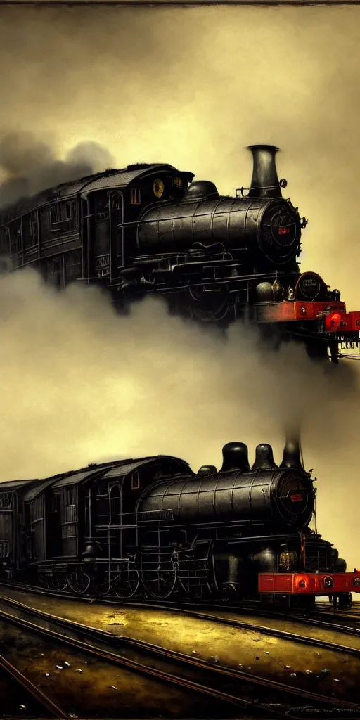 Prompt: a steam locomotive that is slowly transforming into thick tentacles, matte oil painting, by rembrandt, monstrosity, concept art, d & d, blue, coal power, train, fantasy, fog, sharp focus, eldritch, award - winning, extremely detailed, 4 k, 8 k