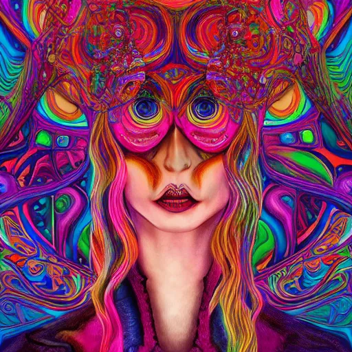 Prompt: An extremely psychedelic portrait of Alice , in wonderland , surreal, LSD, face, detailed, intricate, elegant, lithe, highly detailed, digital painting, artstation, concept art, smooth, sharp focus, illustration