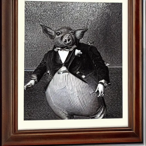 Image similar to detailed portrait of a pig in a tuxedo, illustration by Paul Gustave Doré