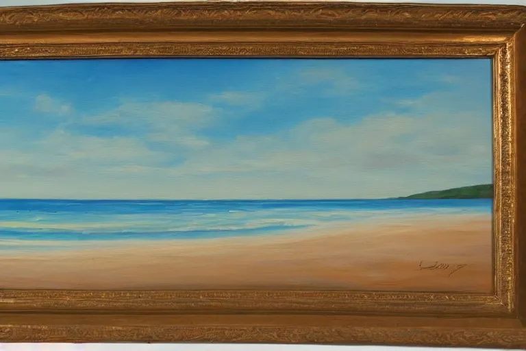 Image similar to painting of a beach, beautiful, with calm waves and sand, oil on canvas