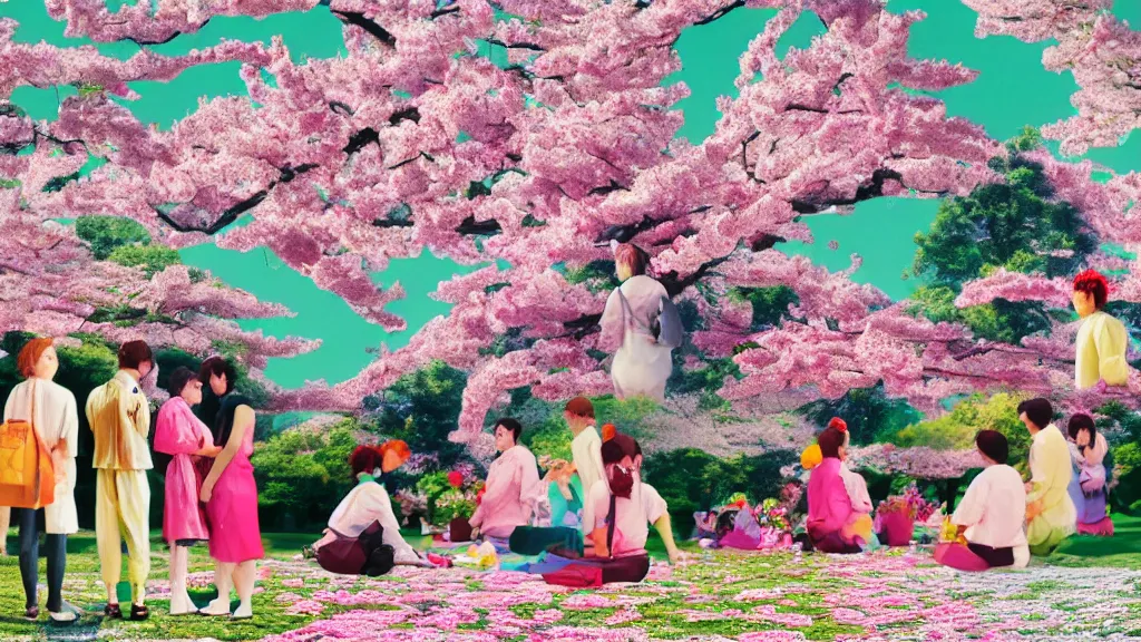 Image similar to a small group of people flower viewing sakura picnic, japan, a collage painting, in the style of wes anderson, lola dupre, david hockney, isolated on negative white space background dark monochrome neon fluorescent spraypaint accents volumetric octane render