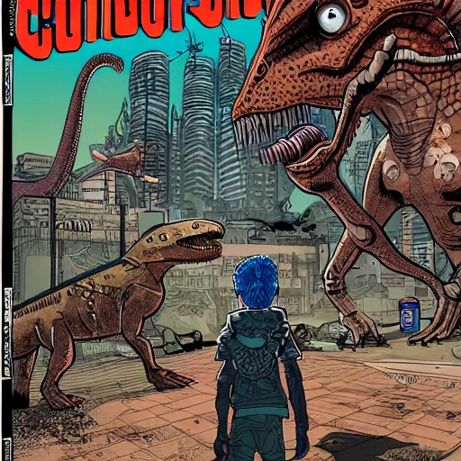 Prompt: intricate detailed full-page comic book cover illustration of a cyborg punk street kid with a pet dinosaur, no speech bubbles, cyberpunk