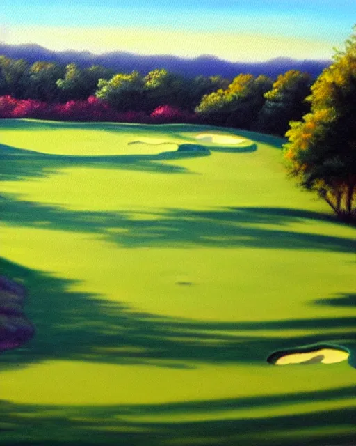 Image similar to oil painting of golf course, oil painting,