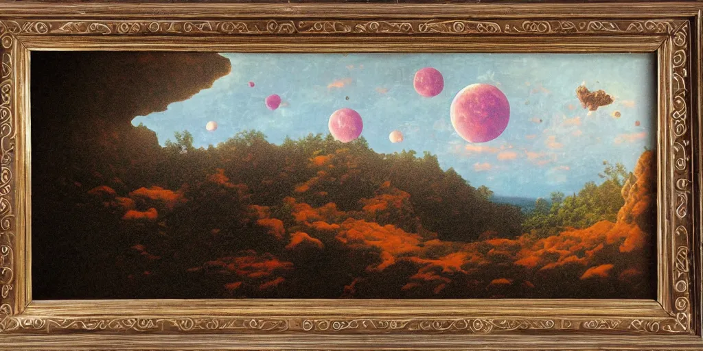 Image similar to a moon landscape with many craters, in a big crater at the center there is a beautiful garden, 8 k, lowbrow in the style of martin johnson heade and daniel merriam!