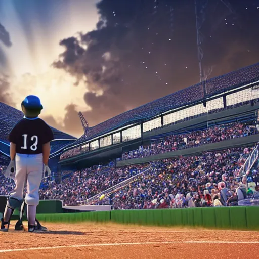 Image similar to disney pixar render of an aberration in the fabric of reality above a little league baseball game, tearing reality apart, everyone looks up at the sky, cinematic lighting, octane render 8 k