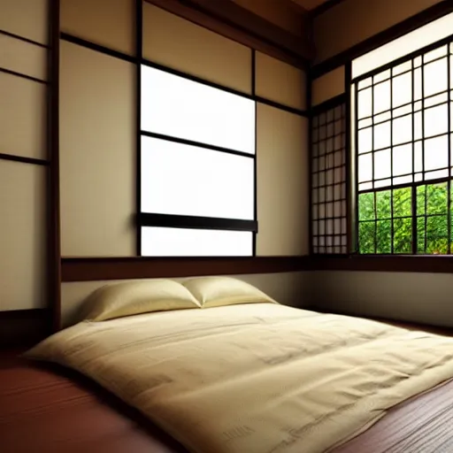 Image similar to still photo of a japanese guest room, highly detailed, photorealistic portrait, bright studio setting, studio lighting, crisp quality and light reflections, unreal engine 5 quality render