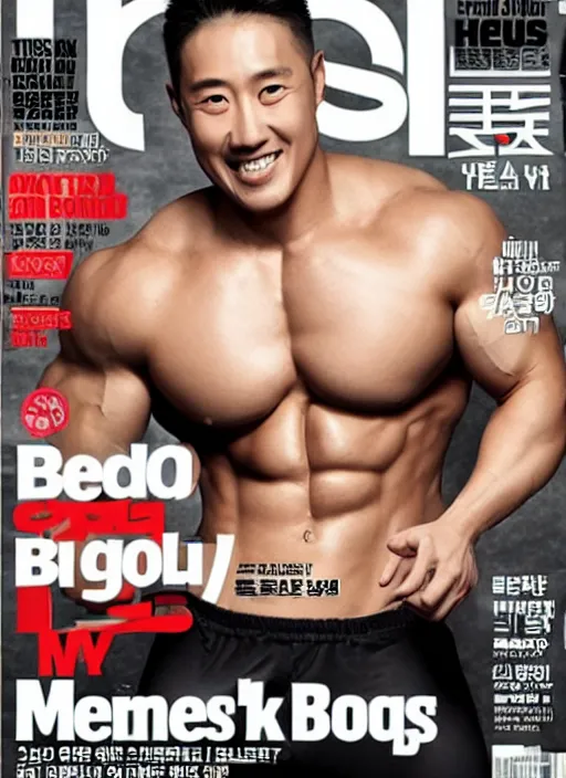 Prompt: cover of mens health korea featuring a pregnant male bodybuilder with a big belly, white background