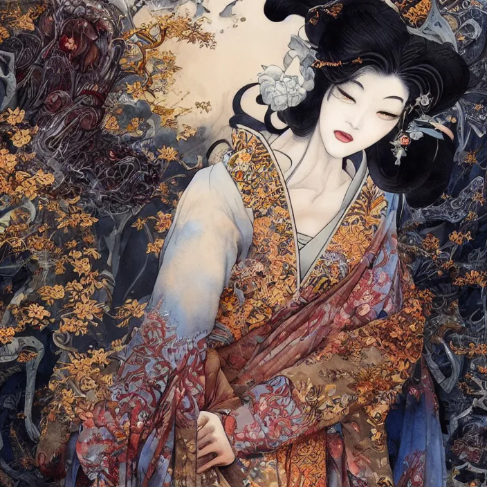 Image similar to asian geisha watercolor painting by, daniel merriam, ayami kojima, peter mohrbacher, intricate detail, artstation, artgerm, in the style of darkness fantasy, rococo, gold leaf art, rime lighting