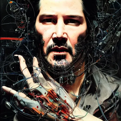 Prompt: keanu reeves as a cyberpunk noir detective, skulls, wires cybernetic implants, machine noir grimcore, in the style of adrian ghenie esao andrews jenny saville surrealism dark art by james jean takato yamamoto and by ashley wood and mike mignola