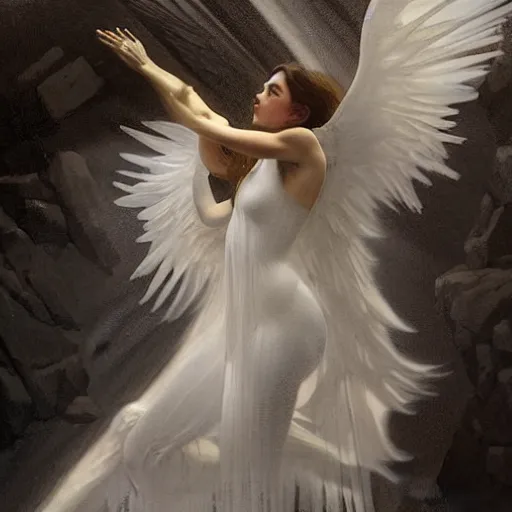 Prompt: hyperrealistic portrait of an angel woman descending onto a stone room in darkness with the damned screaming in despair, white swan dress long feathers and sapphire jewellery by jeremy mann and alphonse mucha, high shadow contrast, daydreaming hell, fantasy art, photo realistic, dynamic lighting, artstation, poster, volumetric lighting, very detailed faces, 4 k, award winning