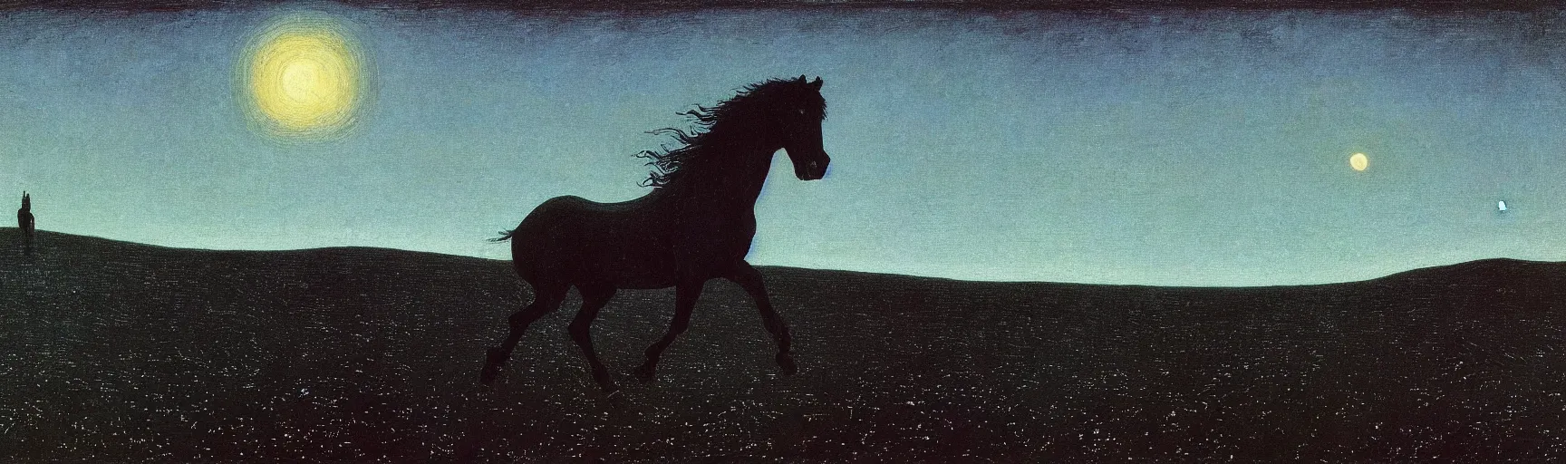 Image similar to black horse running through the starry nighty in a romantic night landscape, caspar david friedrich, arkhip kuindzhi, twilight, Edward Hopper, Giorgio de Chirico, Zdzislaw Beksinski,