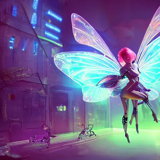 Image similar to A robotic fairy flying, neon, futuristic, intricate details, unreal engine , realistic