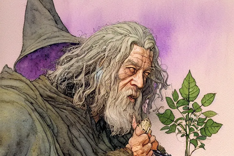 Image similar to a realistic and atmospheric watercolour fantasy character concept art portrait of gandalf with pink eyes lying on his back looking happy and confused with a pot leaf nearby, by rebecca guay, michael kaluta, charles vess and jean moebius giraud