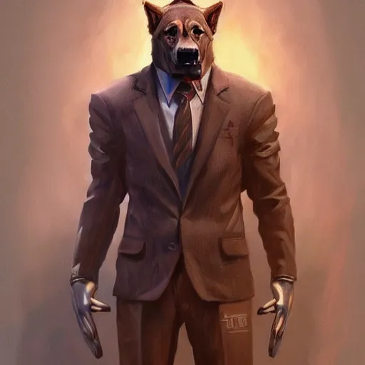 Prompt: full body a humanoid german shepherd beast - man, wearing suit, highly detailed portrait, digital painting, artstation, concept art, smooth, sharp foccus ilustration, artstation