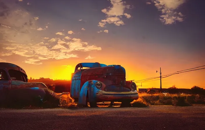 Image similar to a sunset light landscape with historical route 6 6, lots of sparkling details and sun ray ’ s, blinding backlight, smoke, volumetric lighting, colorful, octane, 3 5 mm, abandoned gas station, old rusty pickup - truck, beautiful epic colored reflections, very colorful heavenly, softlight