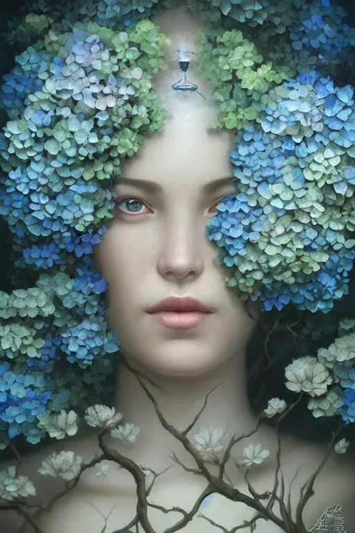 Prompt: a goddess of hydrangeas!! standing in a windy murky underwater garden! with a beautiful symmetrical face!!! cinematic lightning, murky dusty deep, smoky eyes, isolated, studio lighting by artgerm yuri shwedoff and tom bagshaw