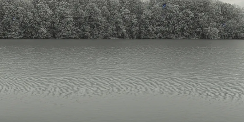 Image similar to centered photograph of a infintely long rope zig zagging across the surface of the water into the distance, floating submerged rope stretching out towards the center of the lake, a dark lake on a cloudy day, color film, trees in the background, hyper - detailed photo, anamorphic lens