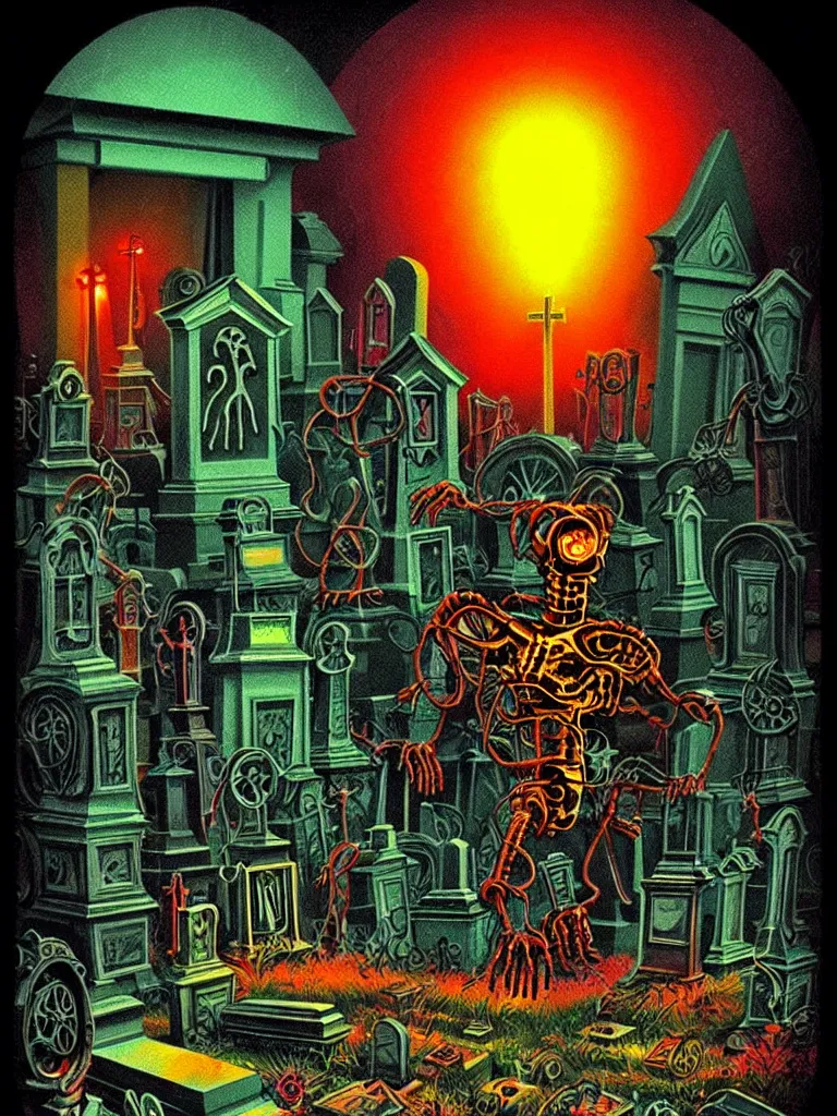 Prompt: Vibrant Colorful Vintage Horror Illustration of a Technological Machine Nightmare Monster Emerging from a Cemetery with Grave Stones Surrounding. Glowing , Spooky lighting , Pinterest