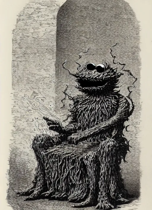 Image similar to cookie monster sitting on a throne, demon from the dictionarre infernal, etching by louis le breton, 1 8 6 9, 1 2 0 0 dpi scan, ultrasharp detail, clean scan