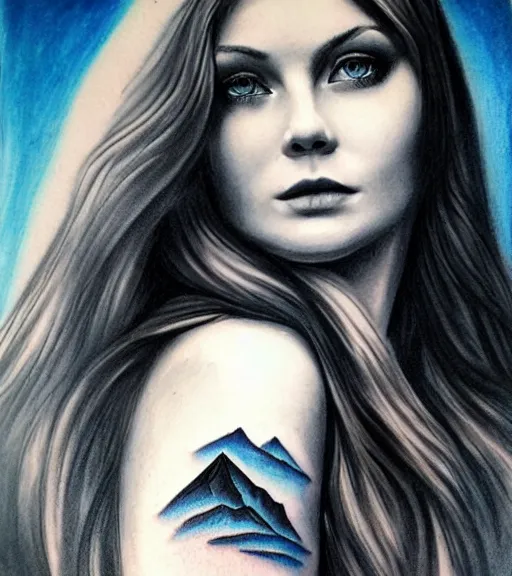 Image similar to tattoo design sketch of a beautiful blue - eyed woman face with a faded background of beautiful mountains and nature on her side, hyper - realistic, in the style of den yakovlev, amazing detail, black and white