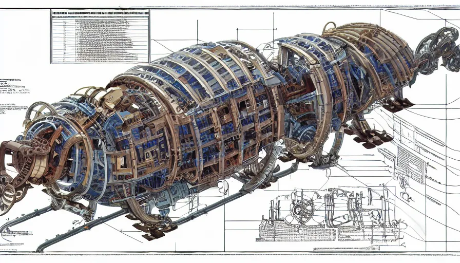 Image similar to a full page of a mechanical blueprint showing a cutaway design for a mechanized brontosaurus from howl's moving castle ( 2 0 0 4 ), with people inside piloting it, muted colors, post grunge, studio ghibli, hq