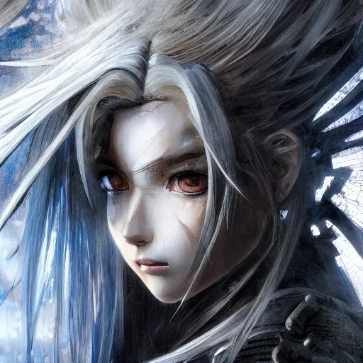 Image similar to Oil portrait with broad brush strokes of an anime girl with long white hair wearing Elden Ring armour with engraving in the style of Yoji Shinkawa, expressive brush strokes, hairs fluttering on the wing, noisy film grain effect, highly detailed, Renaissance oil painting, weird portrait angle, blurred lost edges, three quarter view