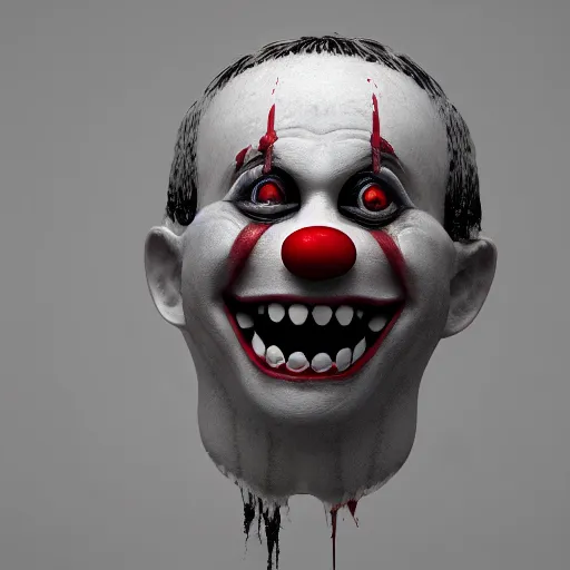 Image similar to black and white crying creepy clown smiling with sharp bloody teeth, highly detailed, sharp focus, octane render