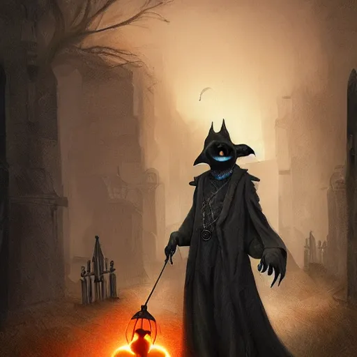 Prompt: a plague doctor with techno armor a bengal cat and an orange tabby cat in a graveyard, scary, spooky, cool, by greg rutkowski