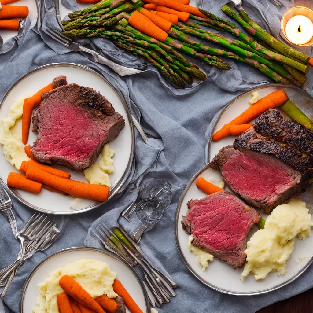 Image similar to macro chest - level shot of a single plate with prime rib, asparagus, mashed potatoes and gravy, and steamed carrots with blue table cloth and lit candles in ornate silver candlesticks, ultra - realistic, photo realism, professional photograph, extreme detail, deep focus, laser sharp, volumetric lighting, atmospheric, luxury, elite