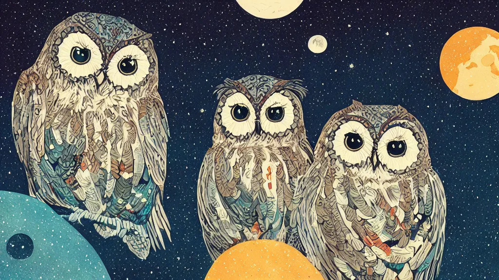 Image similar to very detailed, ilya kuvshinov, mcbess, rutkowski, watercolor quilt illustration of owls flying at night, colorful, deep shadows, astrophotography, highly detailed, wide shot