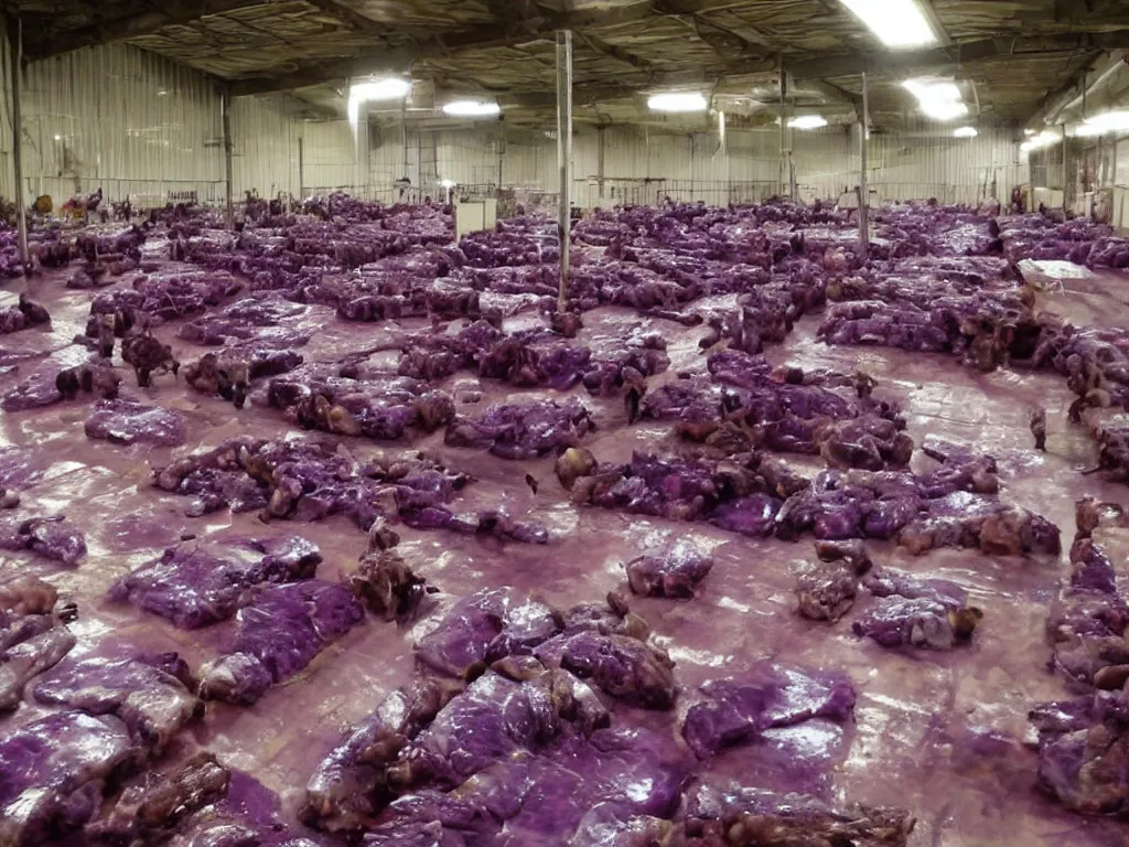 Image similar to shiny purple slab of meat being eaten by flies, warehouse, slaughterhouse, nightmare, horror,