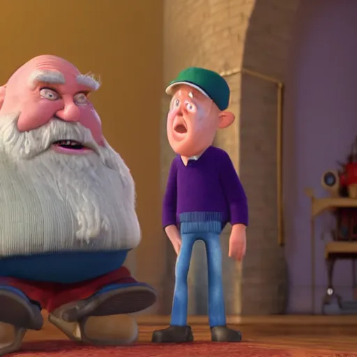 Prompt: a young boy tells an old grumpy man about the meaning of christmas, pixar style, digital render